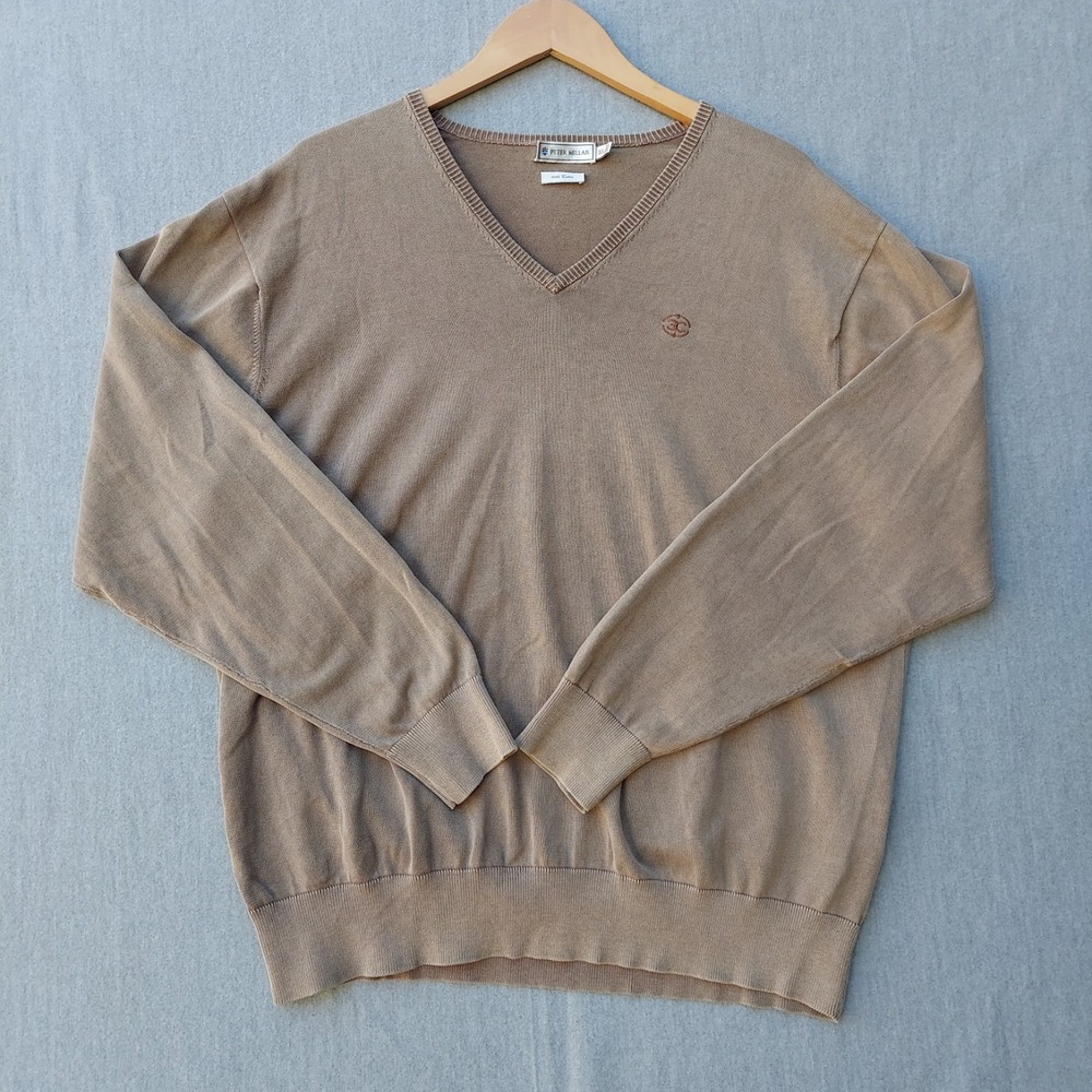Peter Millar Sweater Mens‎ XL V-Neck 100% Cotton Taupe Classic Preppy Pullover